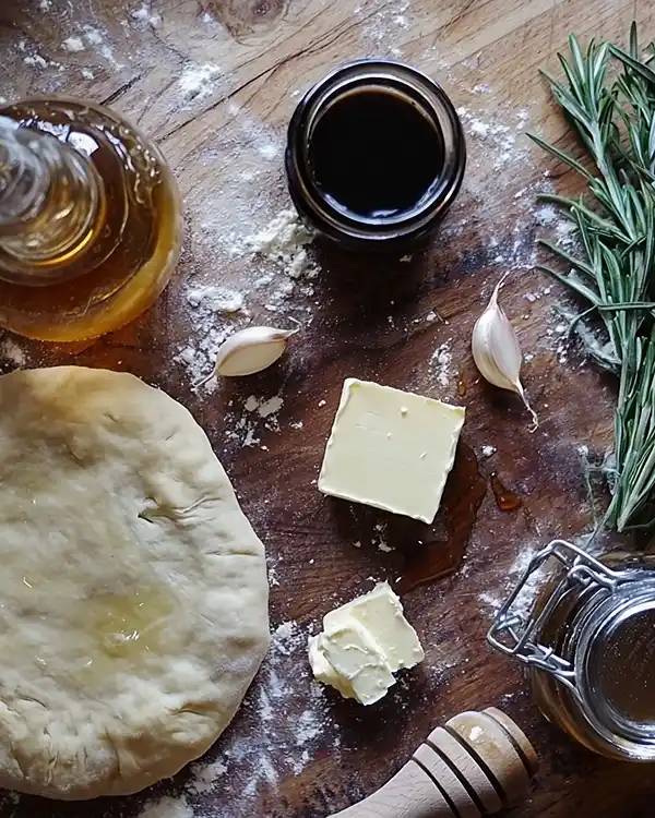 Les ingrédients pour Tarte Tatin d'Échalotes Confites au Balsamique avec chèvre cendré et romarin