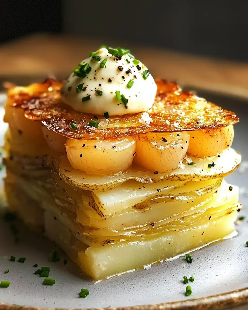 Mille-Feuille de Pommes de Terre, Crème d'Ail Noir 5 Mille-Feuille de Pommes de Terre Croustillantes, Crème d'Ail Noir & Carpaccio de Saint-Jacques