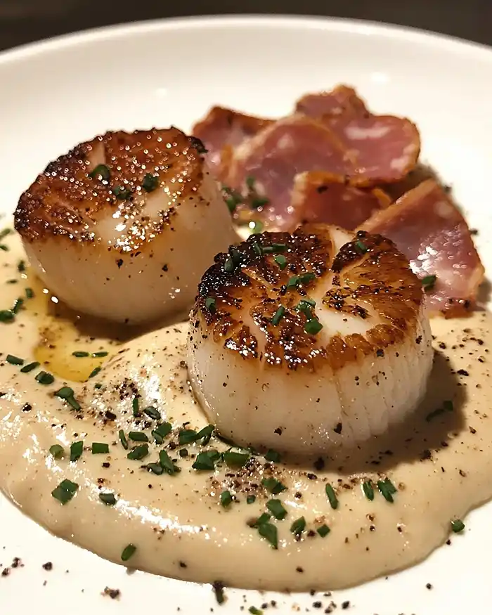 Noix de Saint-Jacques Dorées et Crème de Châtaignes 3 Noix de Saint-Jacques Snackées, Crème de Châtaignes à la Fève Tonka & Chips de Coppa