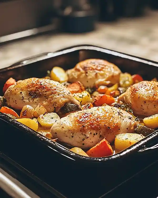 Plat de blanc de poulet rôti au four avec légumes caramélisés tout juste sorti du four, recette familiale facile