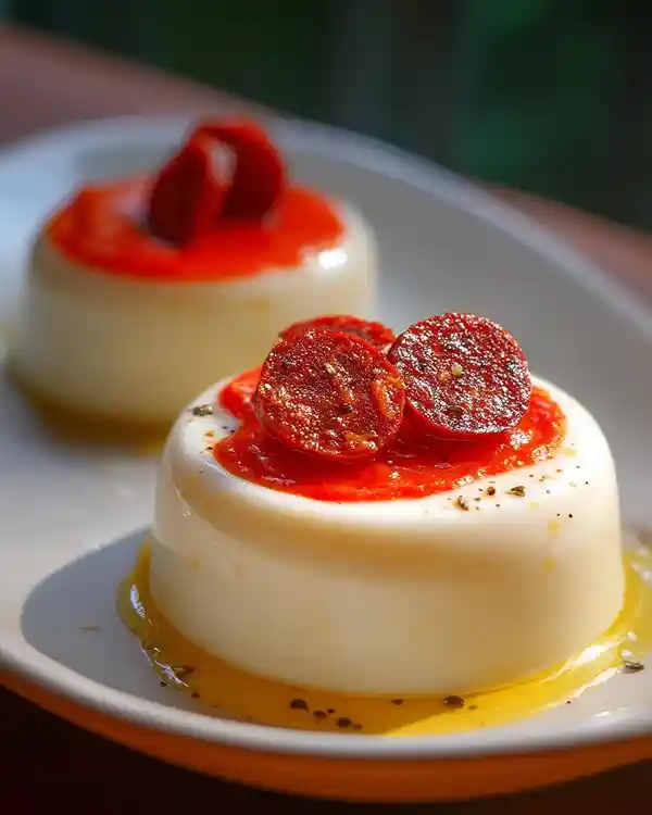 Recette Panna Cotta Salée au Parmesan Coulis de Poivron Rouge Rôti & Éclats de Chorizo Croustillant