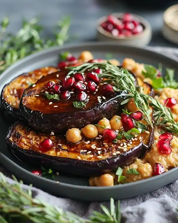 Recette Steak d'Aubergine Laqué Miso-Érable avec purée de pois chiche crémeuse et graines de sésame