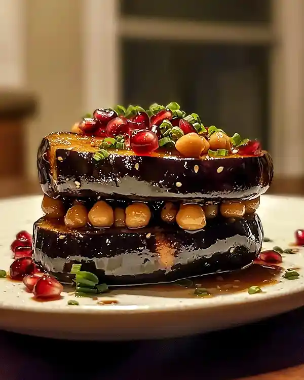 Steak d'Aubergine Laqué Miso-Érable avec purée de pois chiche crémeuse et graines de sésame