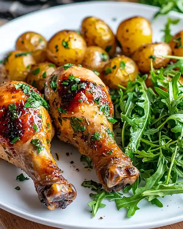 Mes Recettes Morceaux de Poulet 2 Assiette complète avec morceaux de poulet rôtis, pommes de terre grenaille et salade