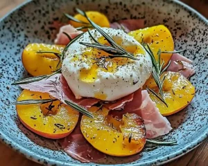 Burrata sur Carpaccio de Pêches Blanches