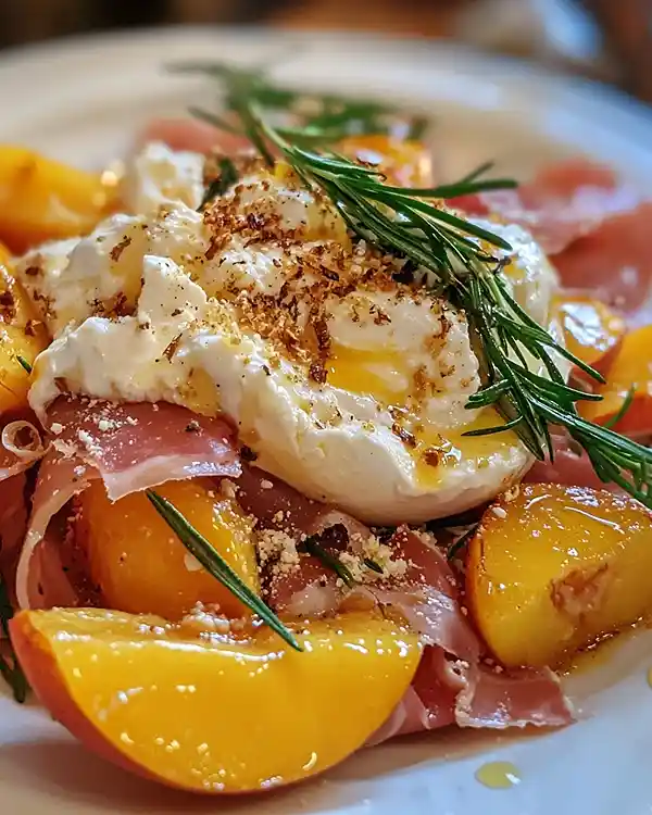 Burrata sur Pêches Rôties au Romarin 6 Burrata sur Pêches Rôties au Romarin avec crumble de jambon cru et miel