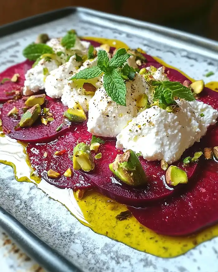 Carpaccio de Betterave Chioggia et Feta Fouettée 7 Carpaccio de Betterave Chioggia, Feta Fouettée & Pistaches