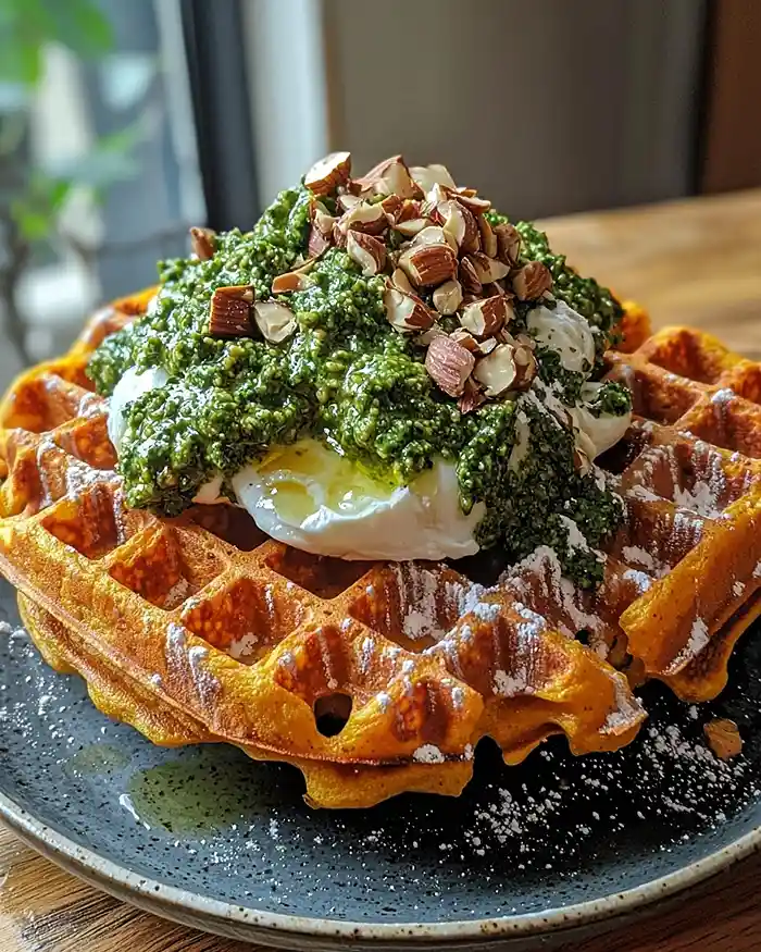 Gaufre de Patate Douce, Stracciatella, Pesto de Noisettes & Mortadelle