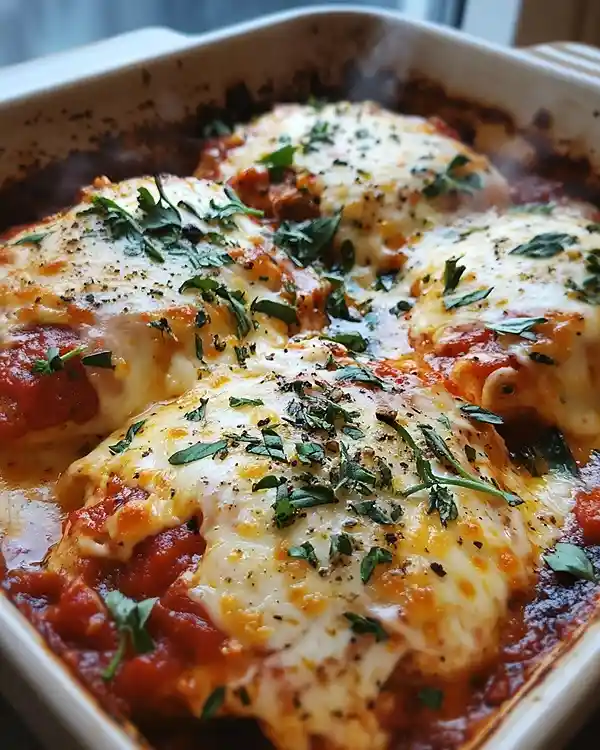 Recettes Poulet à l'Italienne 3 Gros plan sur un filet de poulet à l'italienne avec fromage fondu qui file et sauce tomate - texture moelleuse et appétissante