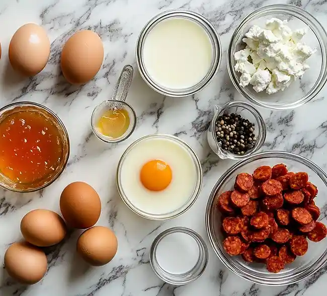 Canelé Salé au Chorizo, Cœur Coulant de Chèvre 4 Les ingrédients pour Canelé Salé au Chorizo avec un cœur fondant de chèvre au miel pimenté