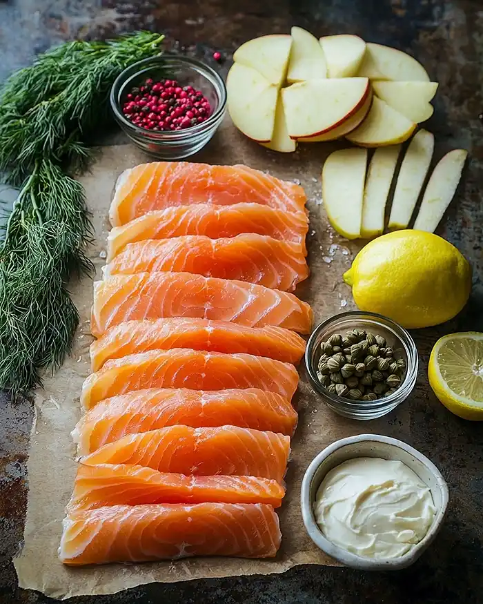 Les ingrédients pour Mille-Feuille de Saumon Gravlax, pomme verte croquante et crème citron-aneth maison
