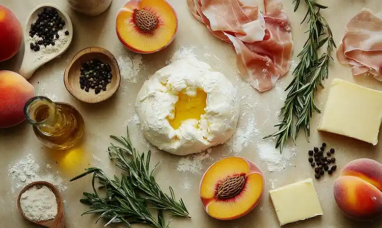 Burrata sur Pêches Rôties au Romarin 4 Les ingrérients pour Burrata sur Pêches Rôties au Romarin avec crumble de jambon cru et miel