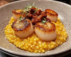 Noix de Saint-Jacques Snackées sur Risotto d’Orge