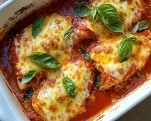 Poulet à l'italienne gratiné dans un plat blanc avec mozzarella fondue dorée et basilic frais - recette maison facile