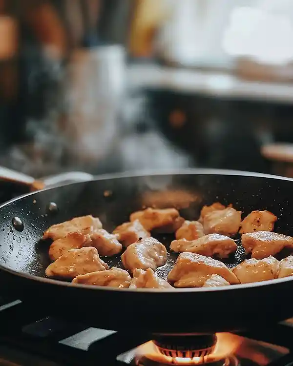 Poulet en train de dorer dans la poêle pour une recette de poulet en sauce, étape de saisie