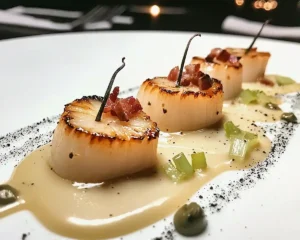 Ravioles Ouvertes de Saint-Jacques & Fondue de Poireaux à la Vanille, Émulsion de Lard Fumé