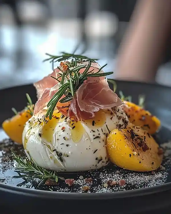Burrata sur Pêches Rôties au Romarin 7 Recete Burrata sur Pêches Rôties au Romarin avec crumble de jambon cru et miel