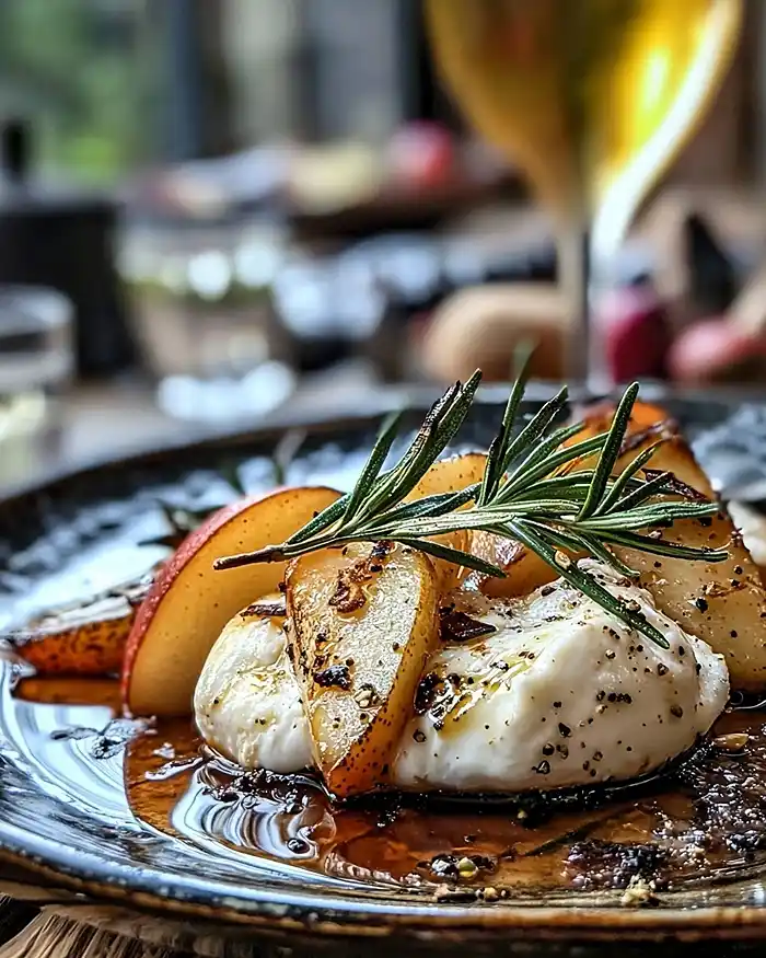 Recette Burrata sur Poires Rôties au Romarin avec pancetta grillée et miel pimenté