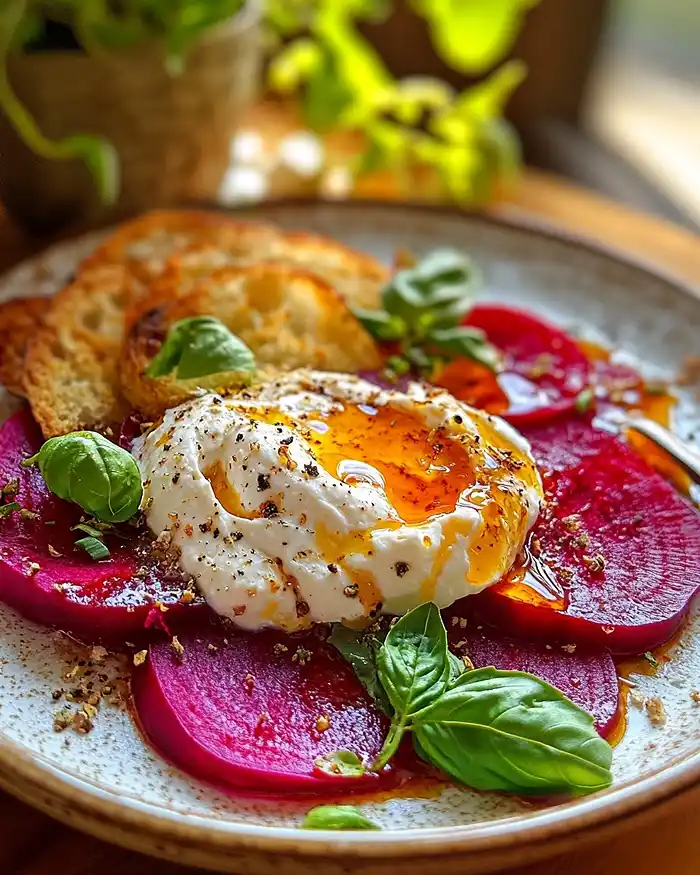 Carpaccio de Betterave Chioggia et Feta Fouettée 6 Recette Carpaccio de Betterave Chioggia et Feta Fouettée & Hot Honey