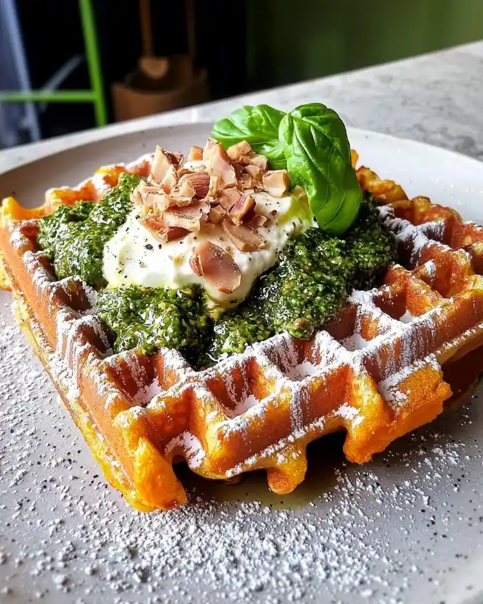 Recette Gaufre de Patate Douce, Stracciatella, Pesto de Noisettes & Mortadelle