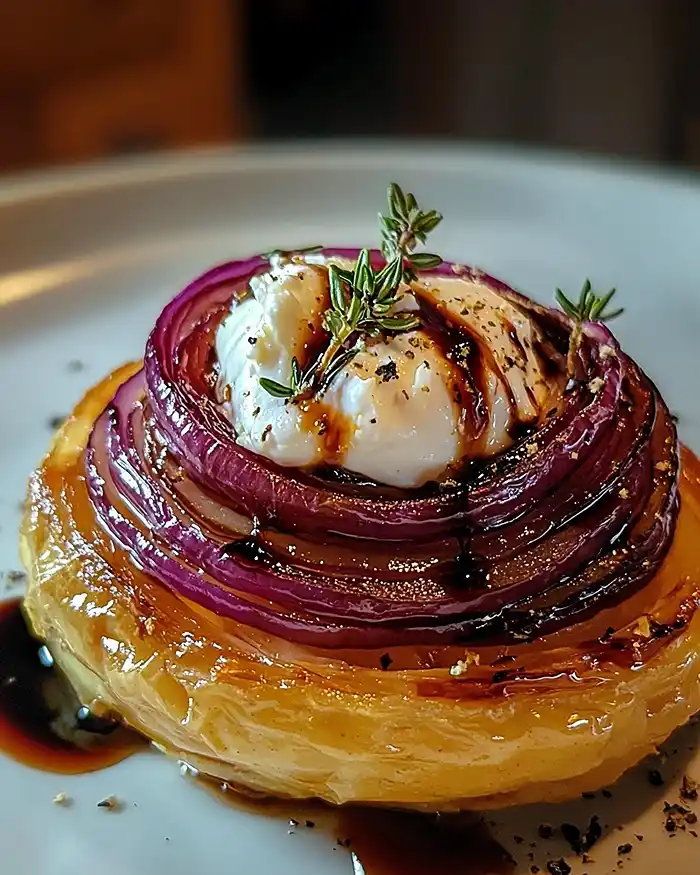 Recette Mini Tatin d’Oignons Rouges et Burrata Fumée