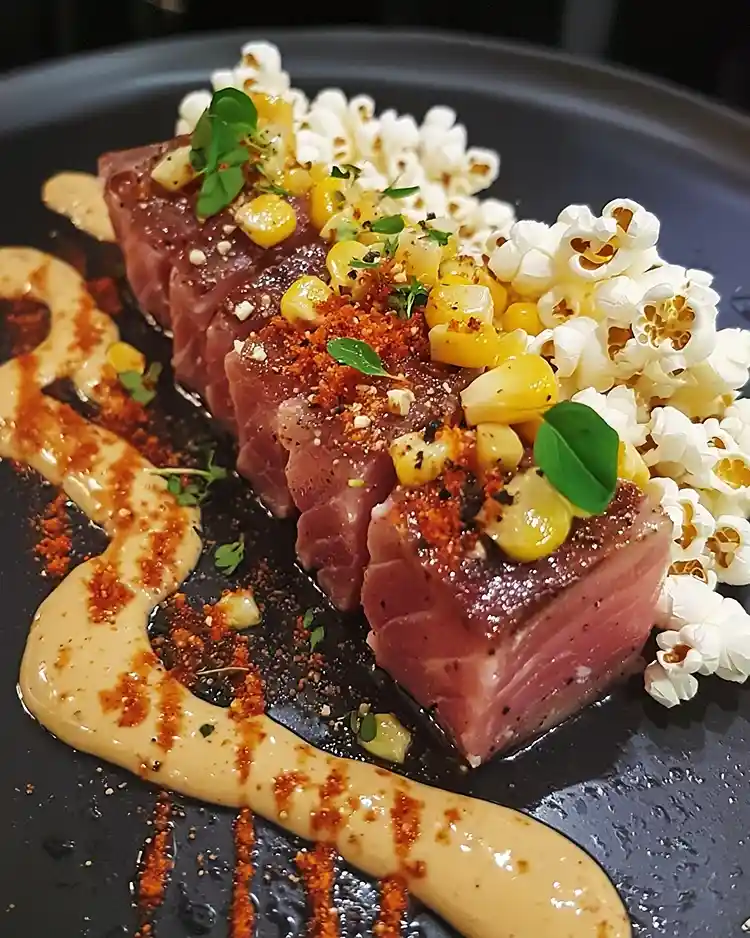 Recette Tataki de Thon Rouge avec Crème de Maïs Fumé