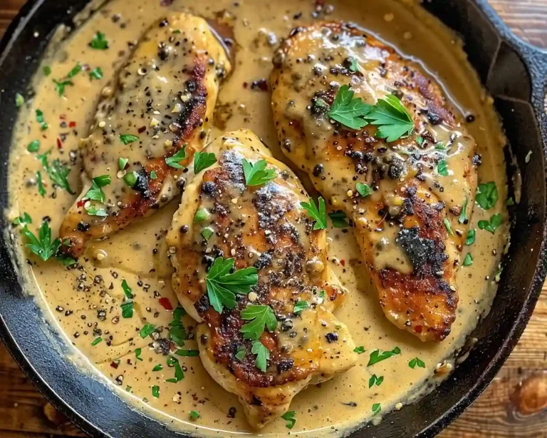 Recettes poulet en sauce à la moutarde maison dans une poêle en fonte, photo amateur prise du dessus