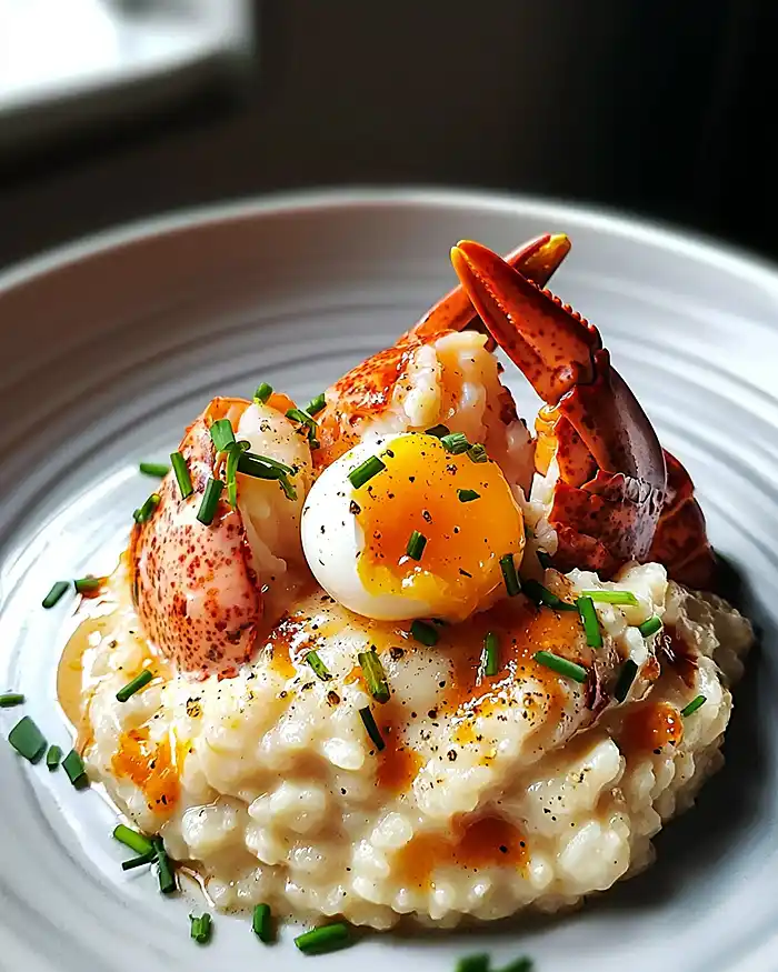Risotto de Coquillettes au Homard, Jaune d’Œuf Confit & Bisque Émulsionnée