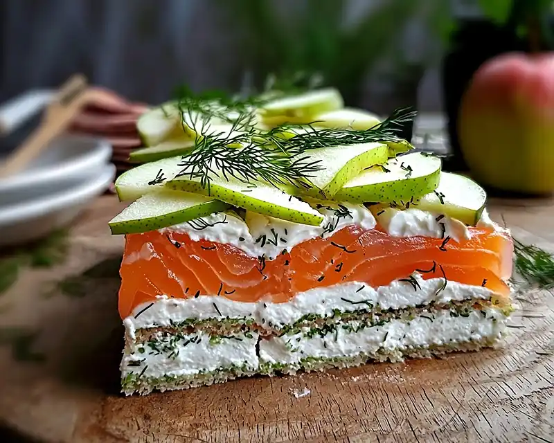 recette Mille-Feuille de Saumon Gravlax, pomme verte croquante et crème citron-aneth maison