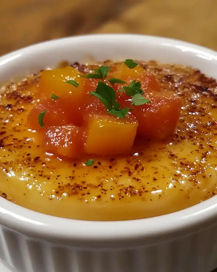 Crème Brûlée Salée au Parmesan avec Tartare de Saint-Jacques 5 Crème Brûlée Salée au Parmesan & Tartare de Tomates Jaunes