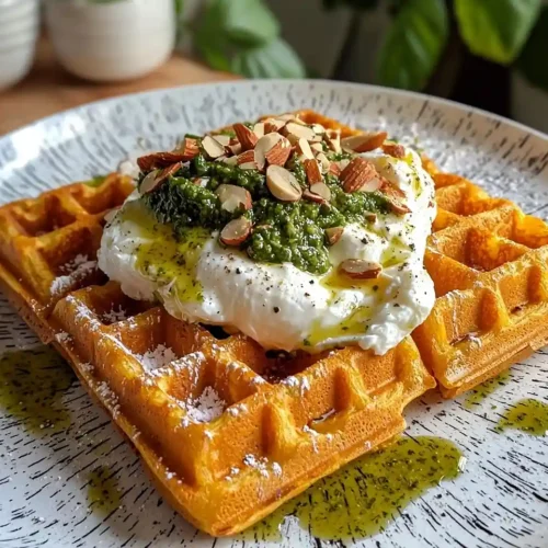 Gaufre de Carotte au Cumin Croustillante 2 Gaufre de Carotte au Cumin avec Burrata crémeuse et Pesto de Coriandre