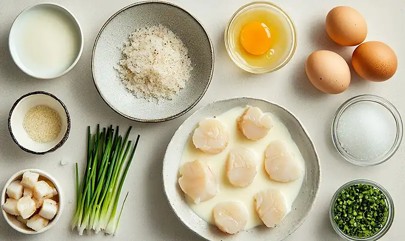 Les ingrédients pour Crème Brûlée Salée au Parmesan avec Tartare de Saint-Jacques
