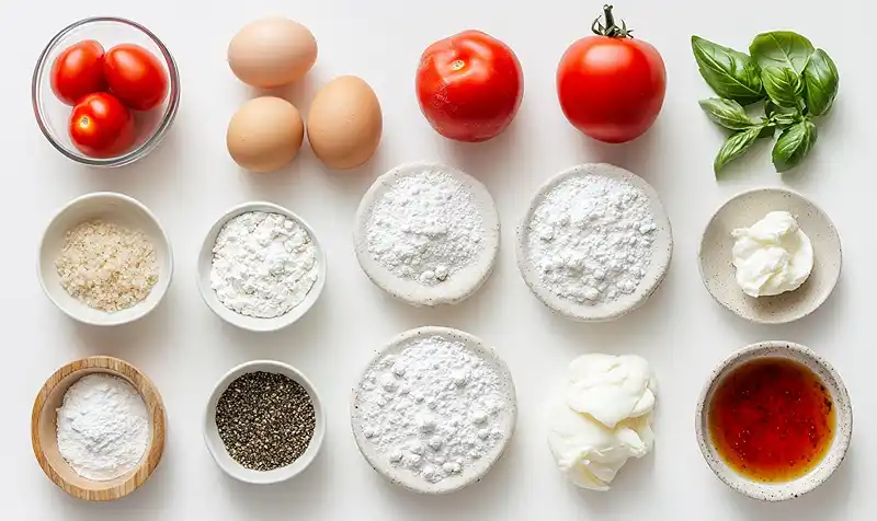 Les ingrédients pour Macaron Salé Tomate-Basilic avec cœur crémeux à la burrata