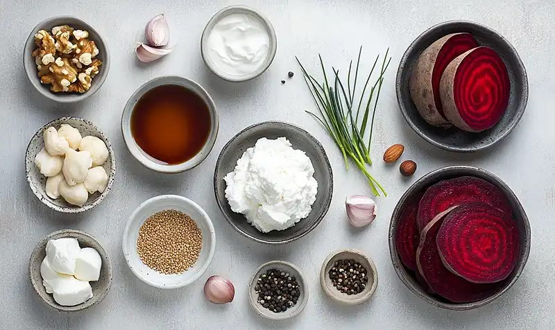 Les ingrédients pour Tataki de Betterave Laquée Balsamique-Soja, Crème de Chèvre à la Noisette