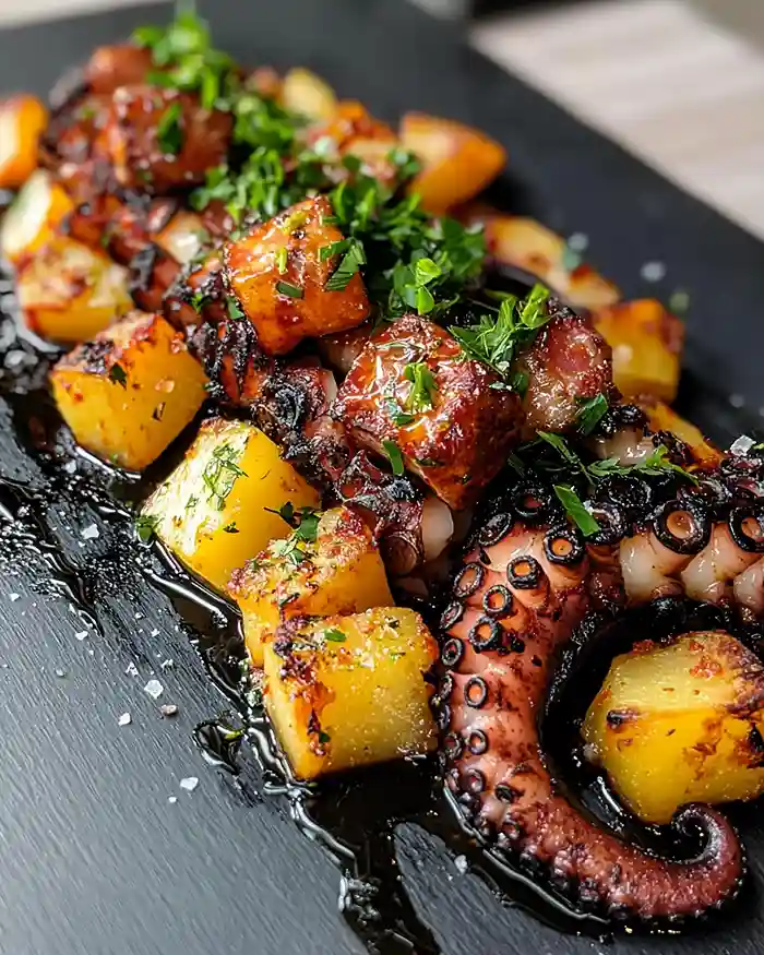 Poulpe Grillé Écrasé de Pommes de Terre 6 Poulpe Grillé, Écrasé de Pommes de Terre à l'Ail Noir & Huile au Chorizo