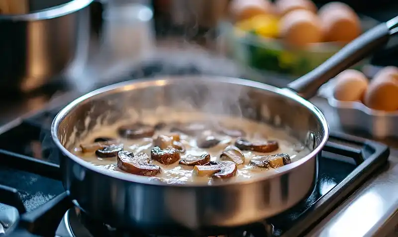 Préparation de la recette l'Œuf Mollet Pané à la Chapelure de Noisettes sur Velouté de Champignons