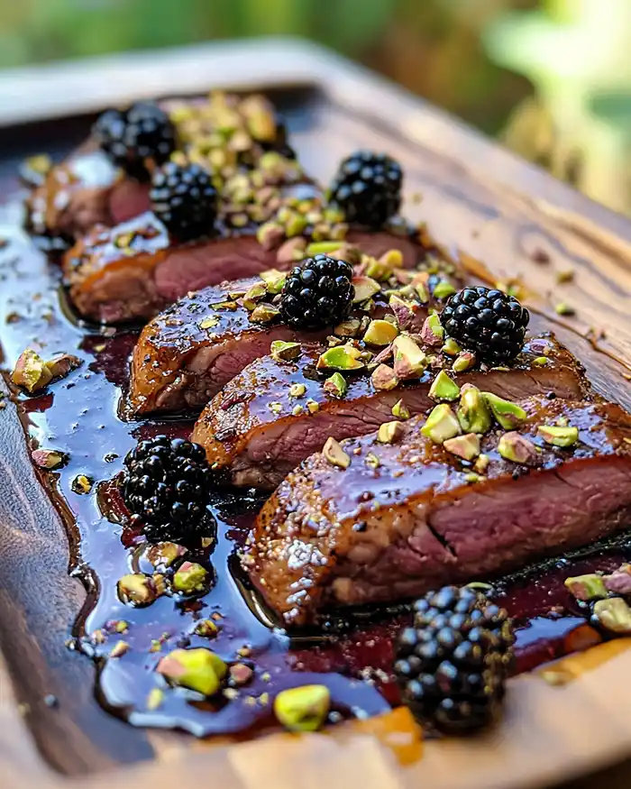 Tataki de Canard Laqué à la Mûre, Purée de Panais à la Fève Tonka 6 Tataki de Canard à la Mûre, Balsamique & Éclats de Pistaches
