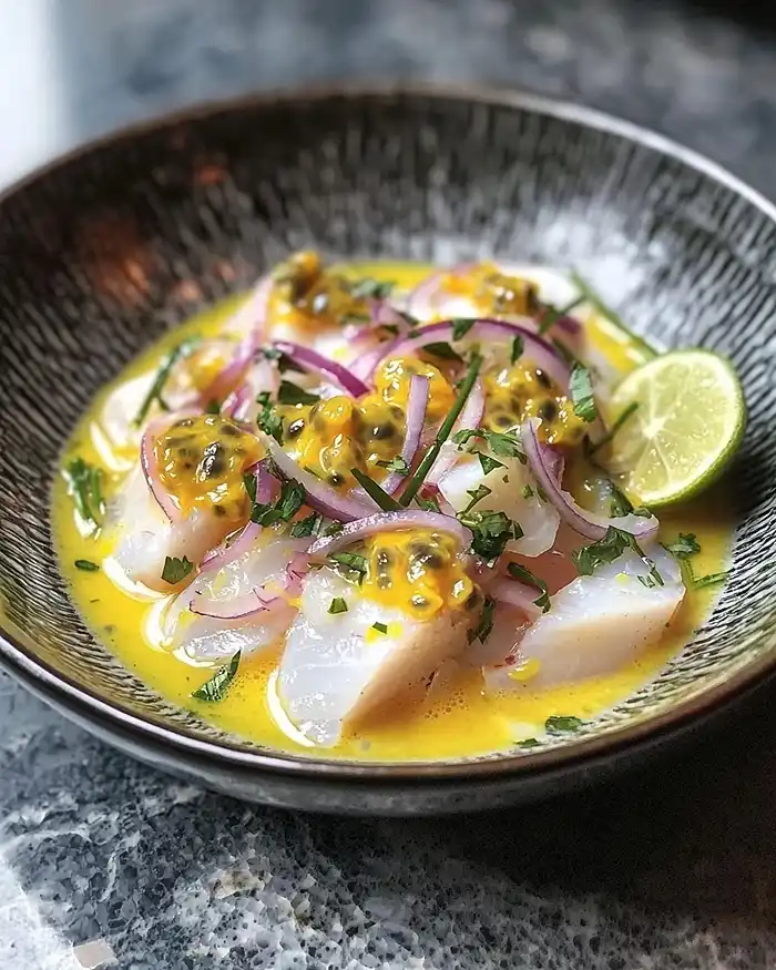 Ceviche de Bar au Lait de Coco et Fruit de la Passion