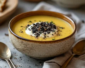 Île Flottante Salée à l'Ail Noir sur Velouté de Potimarron