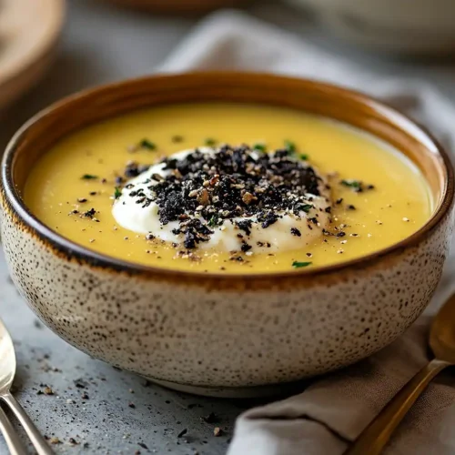 Île Flottante Salée à l'Ail Noir sur Velouté de Potimarron à la Truffe 2 Île Flottante Salée à l'Ail Noir sur Velouté de Potimarron