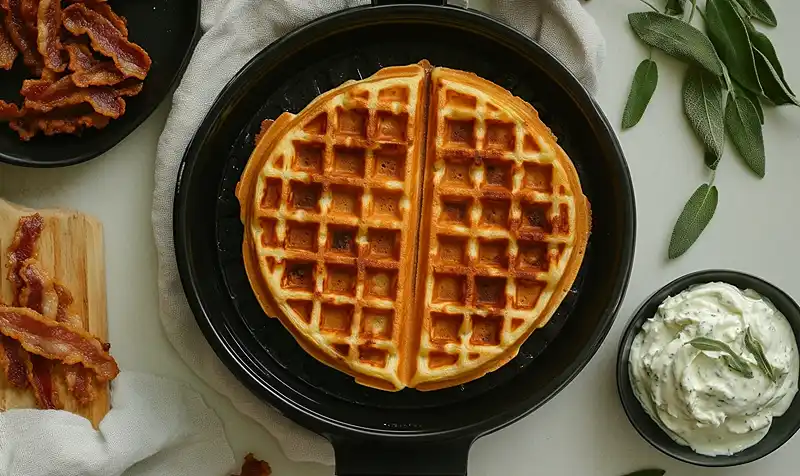 La préparation de la Gaufre de Butternut au Lard Fumé, Crème de Chèvre à la Sauge & Sirop d'Érable