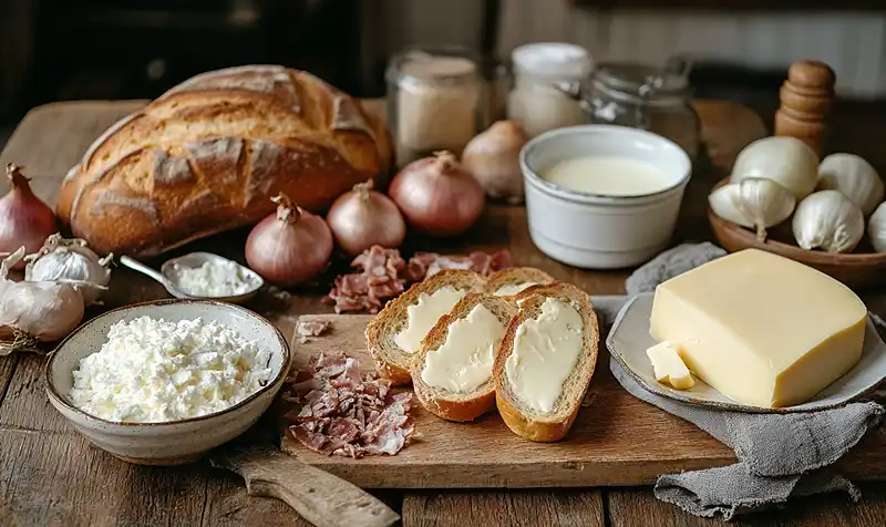 Les ingrédienst pour Pain Perdu Salé Façon Tartiflette, avec son cœur de Reblochon coulant,