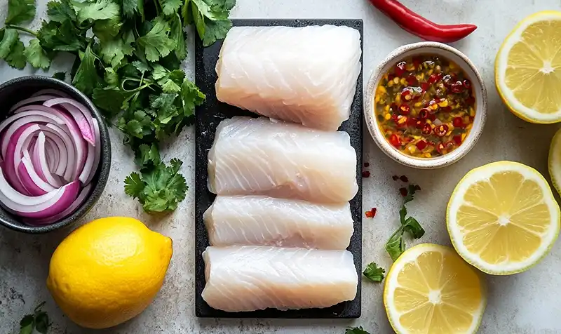 Les ingrédients pour Ceviche de Bar au Lait de Coco et Fruit de la Passion