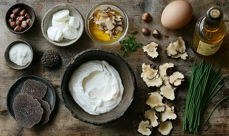 Les ingrédients pour Île Flottante Salée à la Truffe sur Velouté de Cèpes et Noisettes Grillées