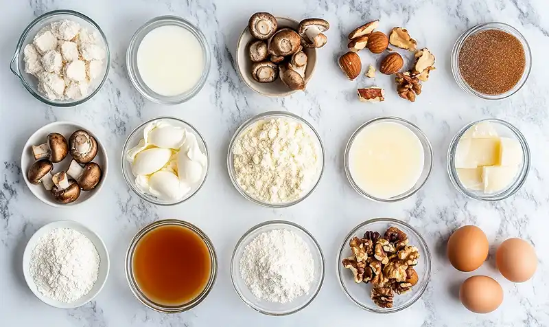 Les ingredients pour Paris-Brest Salé, Crème Mousseline au Foie Gras & Praliné Croustillant aux Champignons
