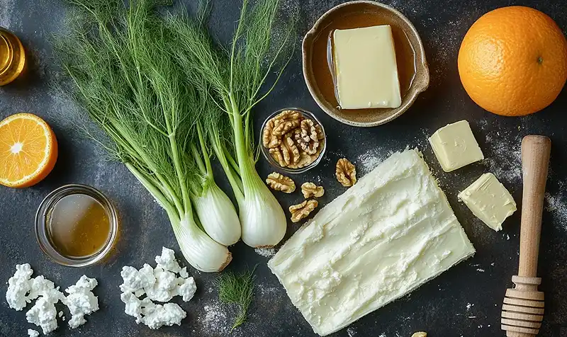 Les ingrédients pour Tarte Tatin de Fenouil Confit à l'Orange et Chèvre Cendré & Noix