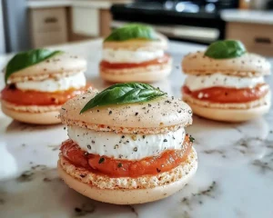 Macaron Salé Tomate-Basilic avec Ganache Ricotta