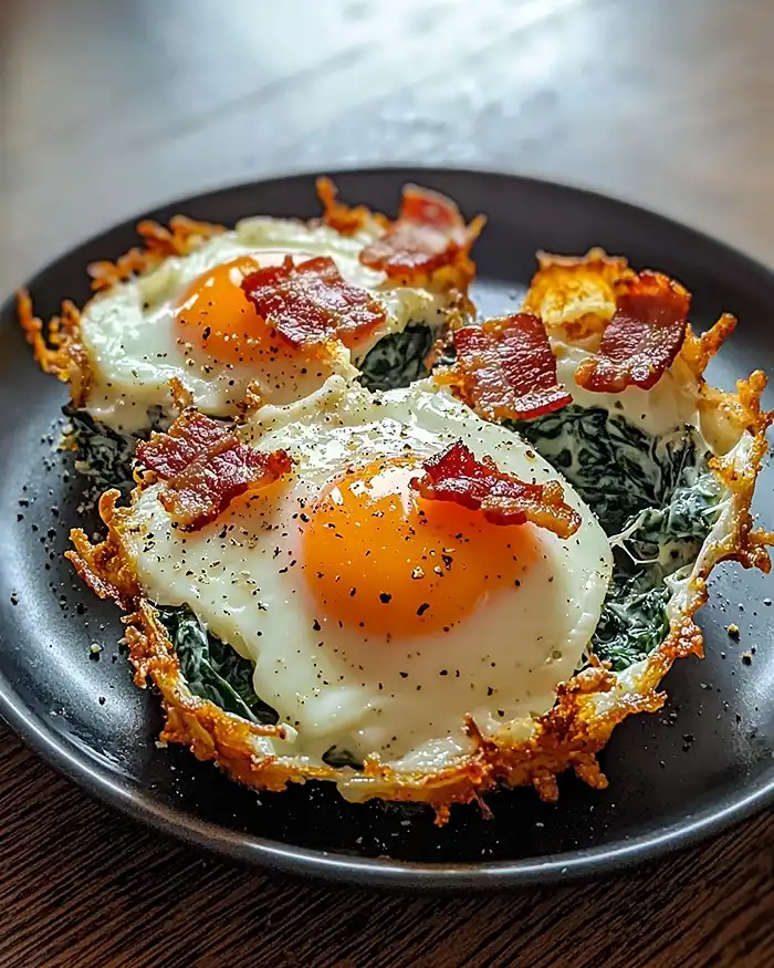 Œuf Nuage au Parmesan sur Nid d'Épinards 4 Œuf Nuage au Parmesan sur Nid d'Épinards à la Crème & Chips de Bacon