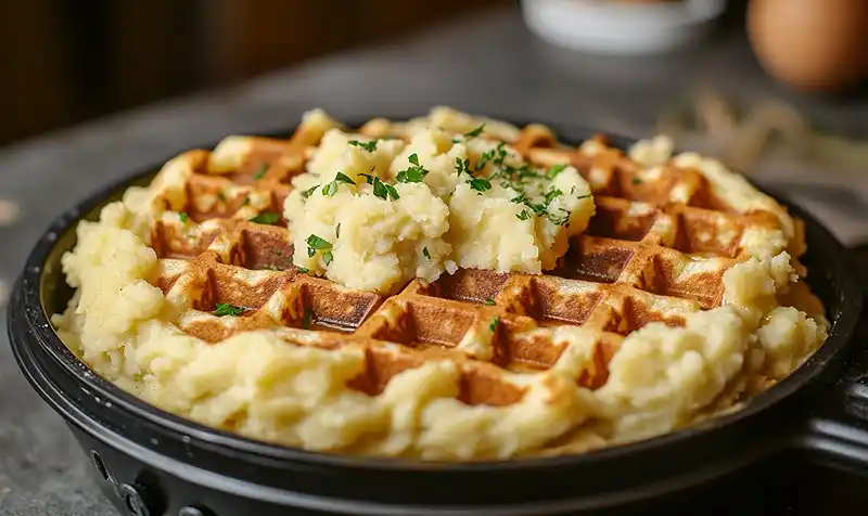 Gaufre de Pommes de Terre au Comté 4 Préparation de la recette Gaufre de Pommes de Terre au Comté, Crème de Lard Fumé & Oignons Frits