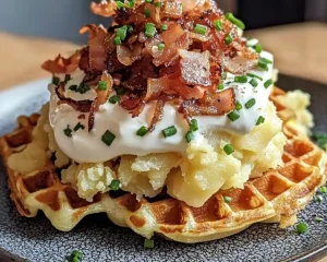Recette Gaufre de Pommes de Terre au Comté, Crème de Lard Fumé & Oignons Frits